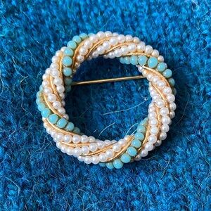 Vintage Pearl and Turquoise Brooch